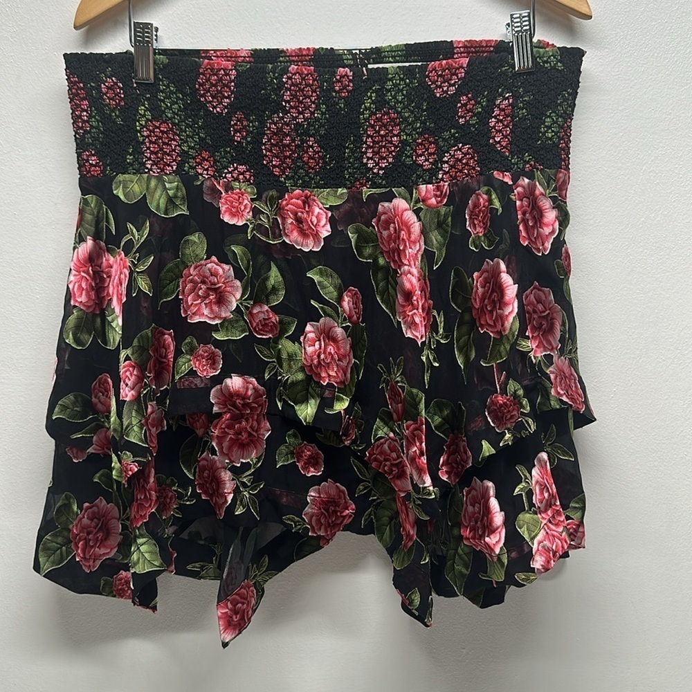 Alice + Olivia Zarya Mini Skirt Asymmetrical Smocked Floral Flowers Black Pink 8 - Picture 3 of 7